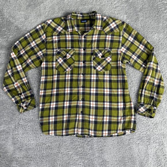 KAVU Men's Flannel Button Up Shirt L Green Red Hiking Outdoors Gorp - Picture 1 of 13